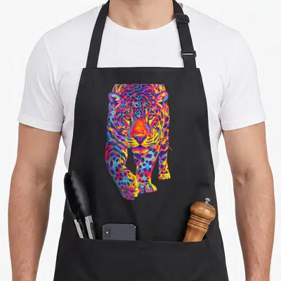 Rainbow cat apron - Multicolored leopard facing forward in blue red yellow pink purple realistic art — shown on a black cotton canvas apron against a white background