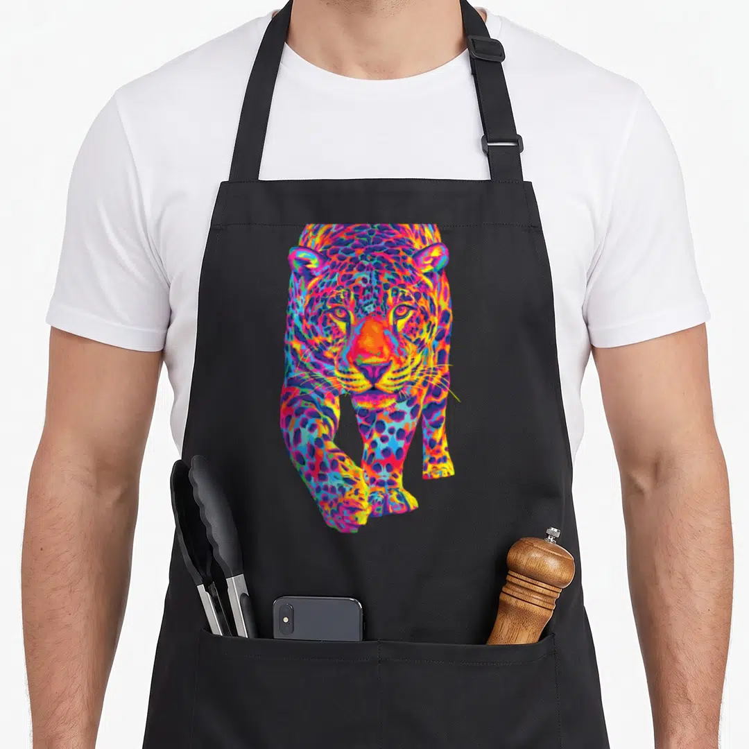 Rainbow cat apron - Multicolored leopard facing forward in blue red yellow pink purple realistic art — shown on a black cotton canvas apron against a white background