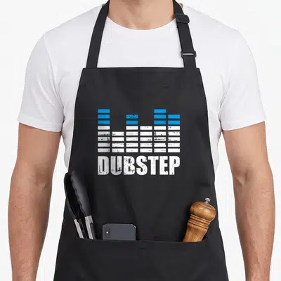 Dubstep dubonnet apron - Distressed blue and white audio equalizer bars above the word DUBSTEP — shown on a black cotton canvas apron against a white background