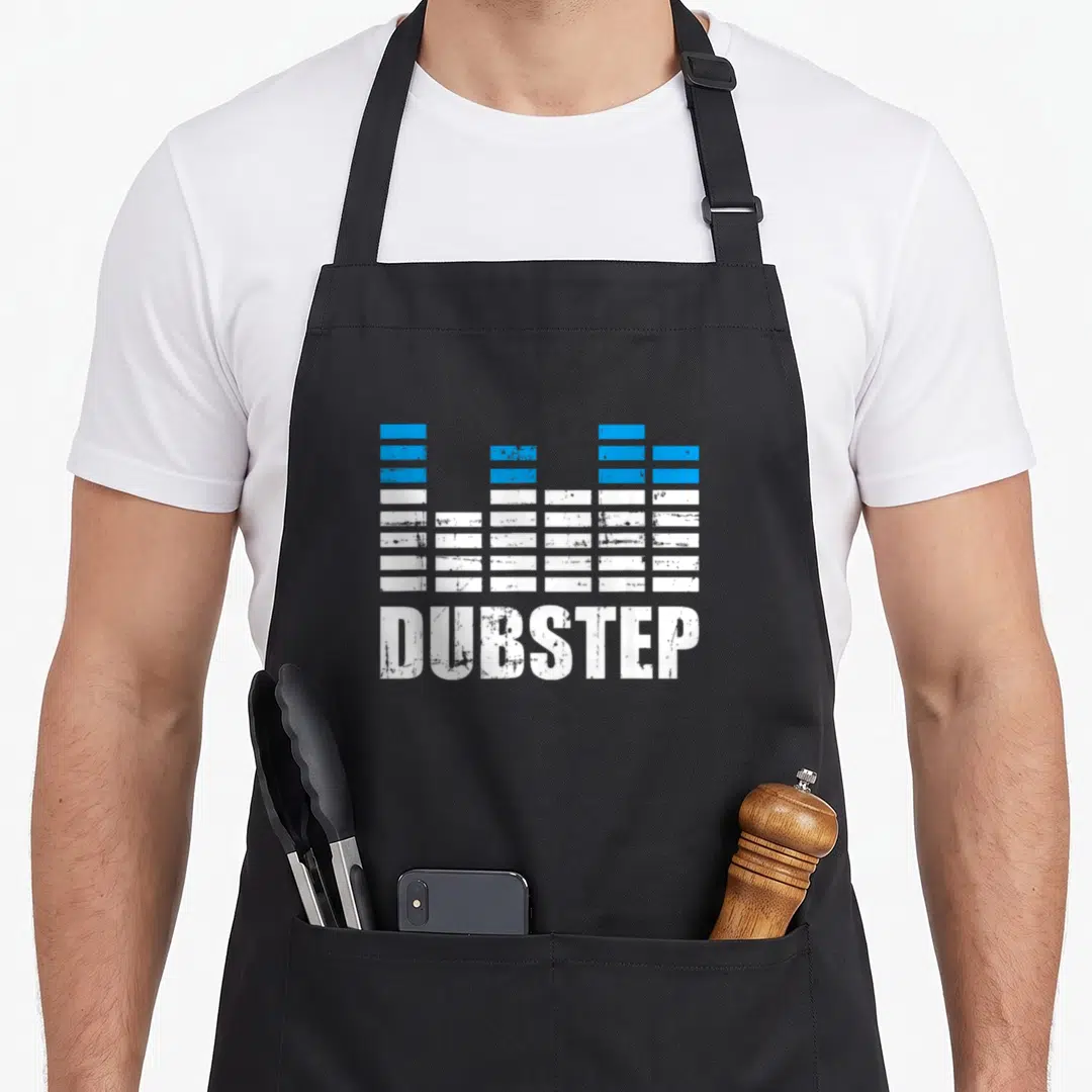 Dubstep dubonnet apron - Distressed blue and white audio equalizer bars above the word DUBSTEP — shown on a black cotton canvas apron against a white background