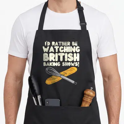 Show baker apron - I'D RATHER BE WATCHING BRITISH BAKING SHOWS text above crossed whisk and baguette in orange and grey — shown on a black cotton canvas apron against a white background