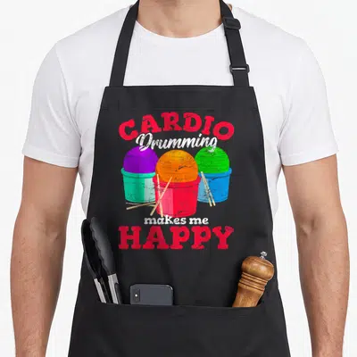 Cardio gym squad apron - Three colorful buckets with balls and sticks under arched CARDIO text — shown on a black cotton canvas apron against a white background