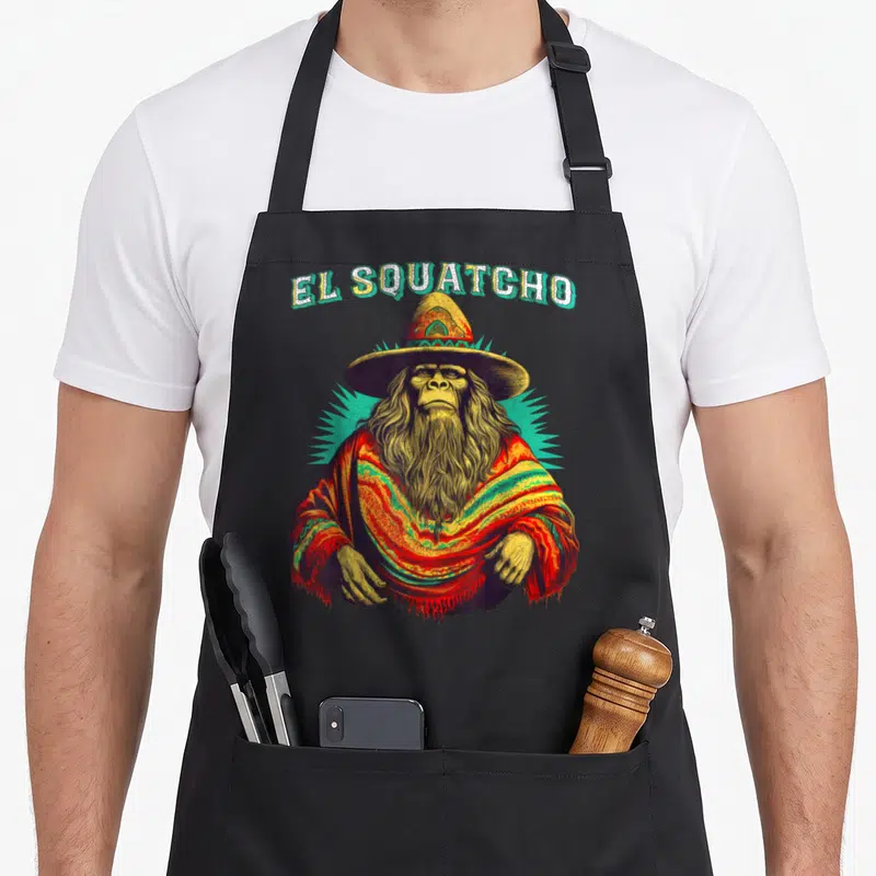 Squatcho bigfoot apron - EL SQUATCHO text over bigfoot in sombrero and striped poncho with teal sunburst background — shown on a black cotton canvas apron against a white background