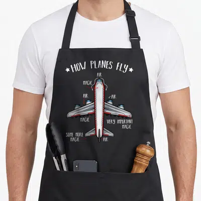 Plane engineering apron - Cartoon airplane diagram with red arrows labeling parts as AIR and MAGIC under title HOW — shown on a black cotton canvas apron against a white background
