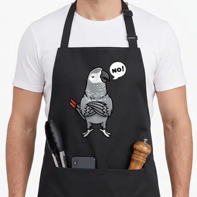 Cool parrot african aprons - Cartoon grey parrot with crossed wings and NO! speech bubble in red black white — shown on a black cotton canvas apron against a white background