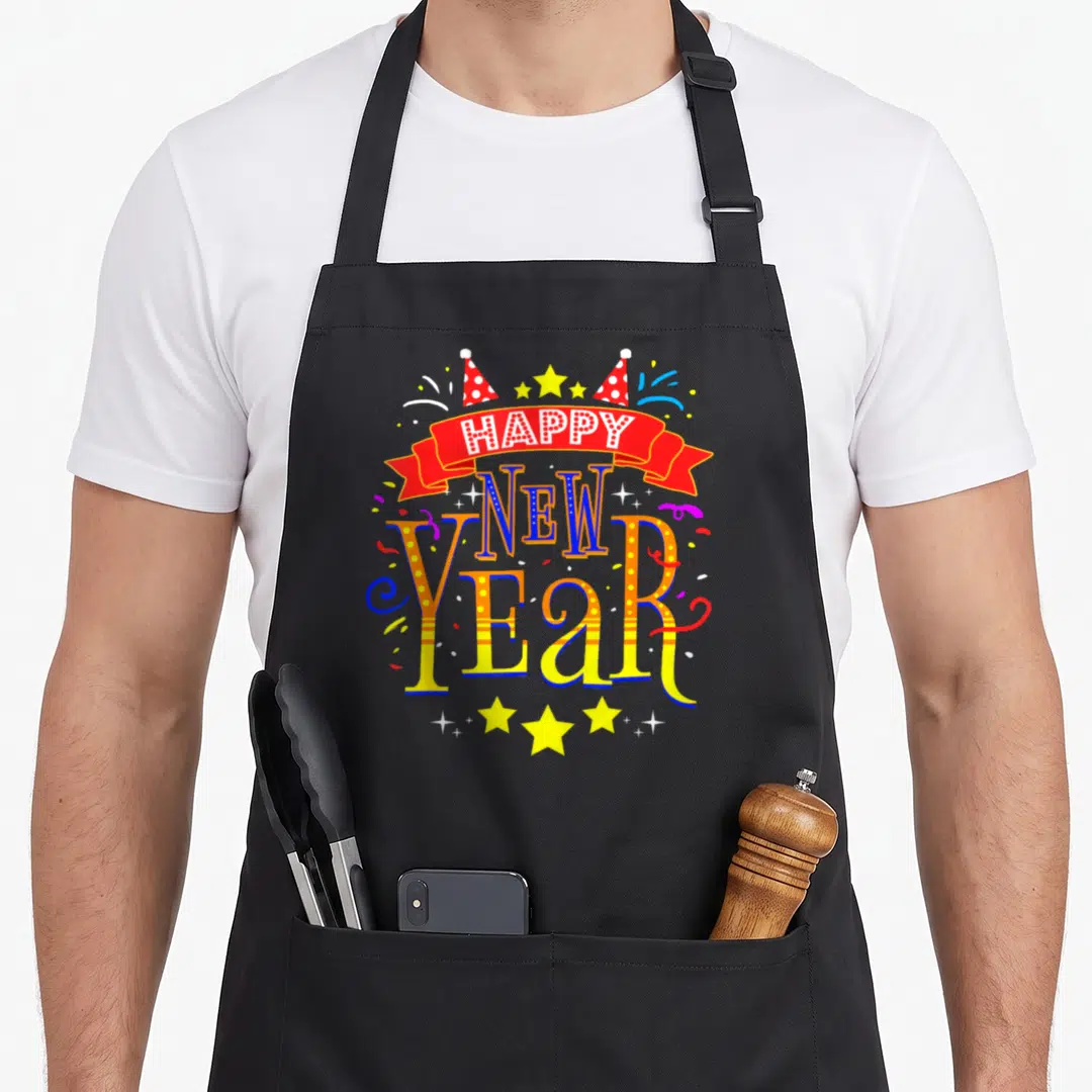 Funny eve apron - HAPPY NEW YEAR text in red ribbon with party hats, stars, and confetti in red yellow blue white — shown on a black cotton canvas apron against a white background