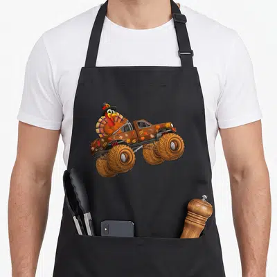 Riding thanksgiving day aprons - Cartoon turkey in a hat driving a brown monster truck with autumn leaf and pumpkin — shown on a black cotton canvas apron against a white background