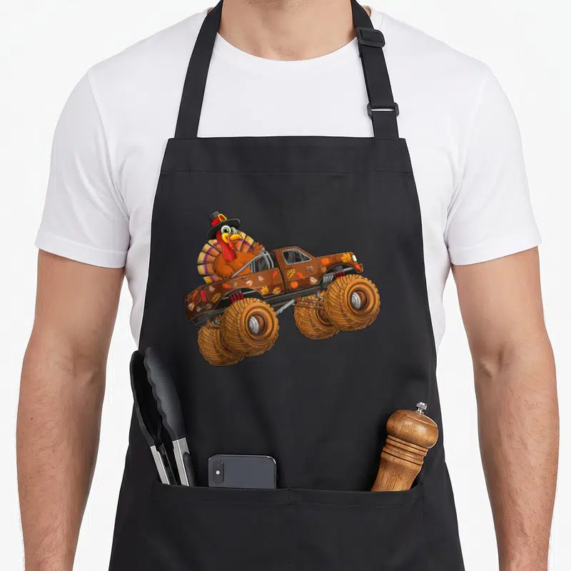 Riding thanksgiving day aprons - Cartoon turkey in a hat driving a brown monster truck with autumn leaf and pumpkin — shown on a black cotton canvas apron against a white background