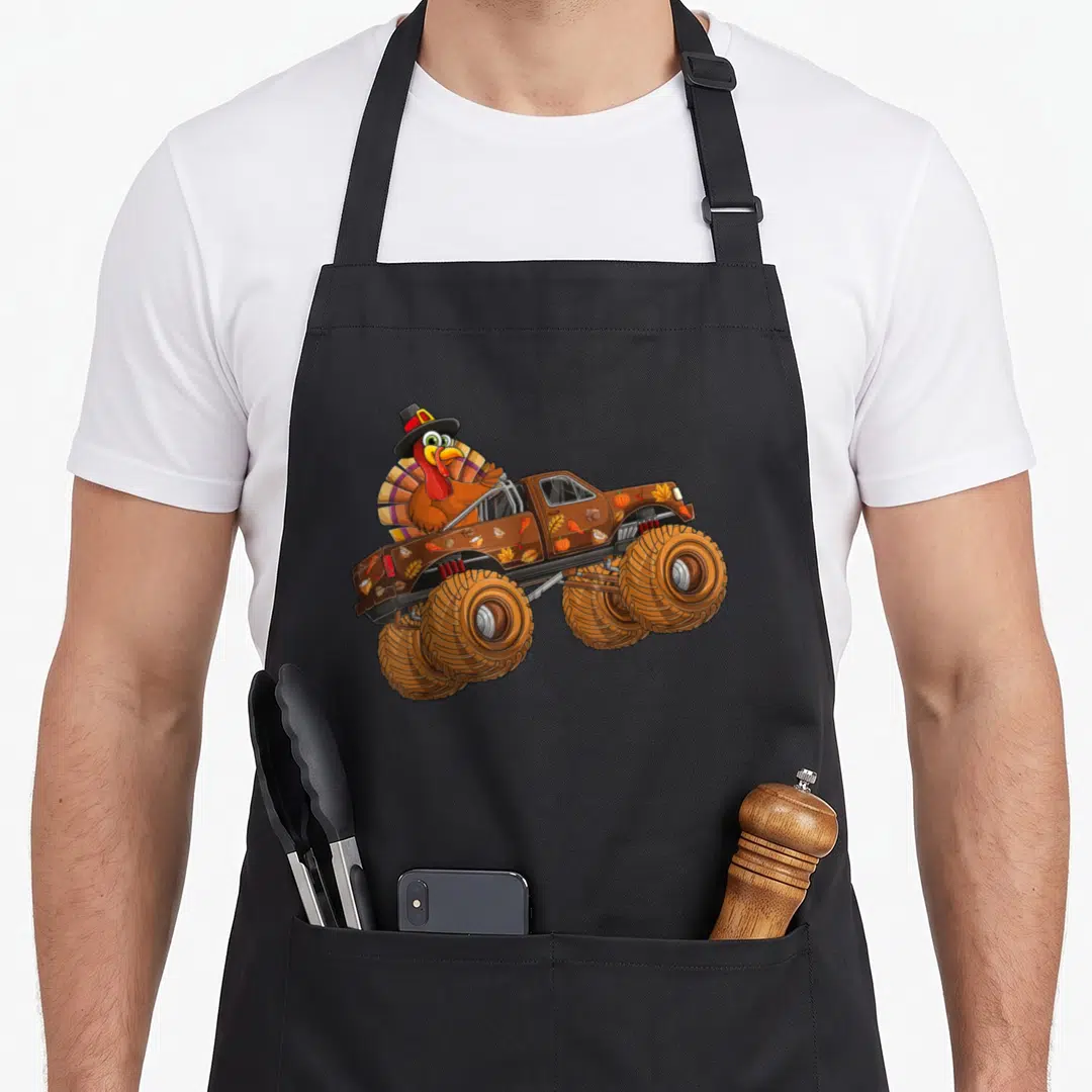 Riding thanksgiving day aprons - Cartoon turkey in a hat driving a brown monster truck with autumn leaf and pumpkin — shown on a black cotton canvas apron against a white background