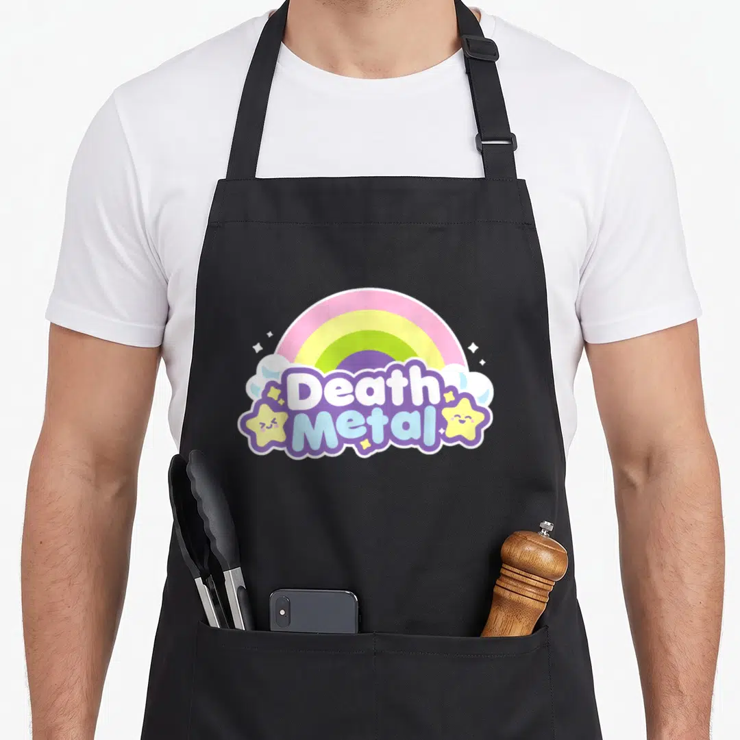 Death halloween apron - Cartoon Death Metal text over rainbow and smiling stars in pastel colors — shown on a black cotton canvas apron against a white background