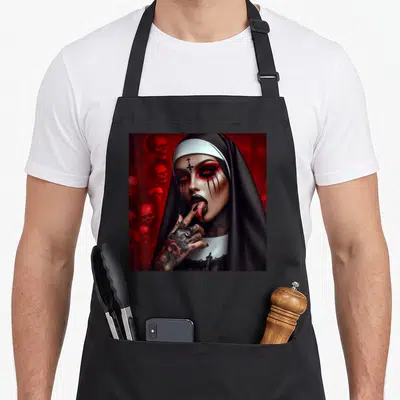 Aesthetically gothic apron - Realistic tattooed nun with red eyes and skulls on red background — shown on a black cotton canvas apron against a white background
