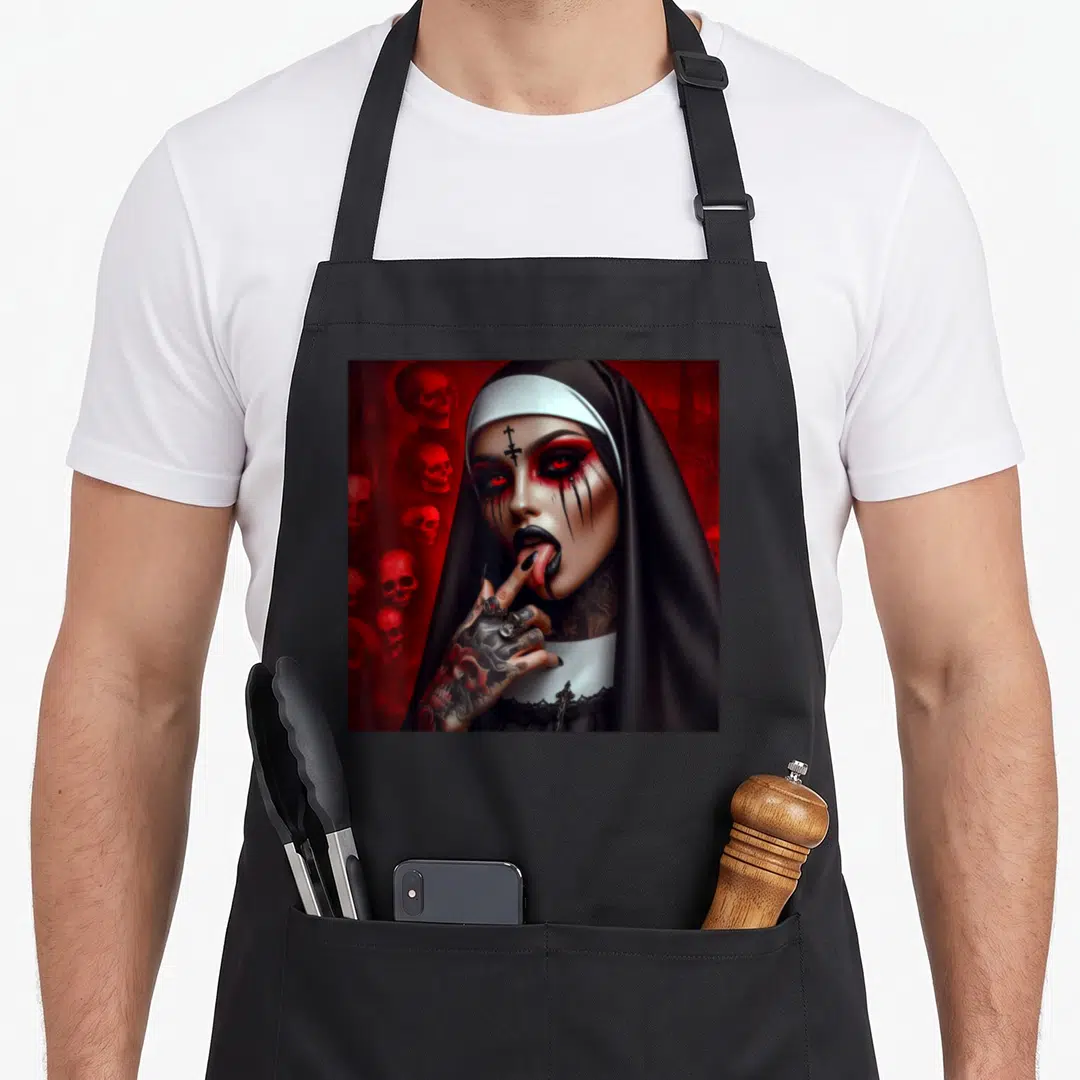 Aesthetically gothic apron - Realistic tattooed nun with red eyes and skulls on red background — shown on a black cotton canvas apron against a white background