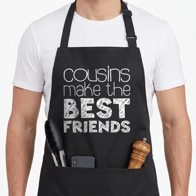 Cousin squad friends apron - White text reading cousins make the best friends stacked vertically on a dark background — shown on a black cotton canvas apron against a white background