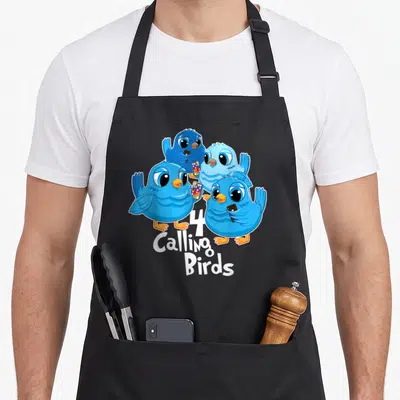 Four christmas apron - Four blue cartoon birds holding smartphones with 4 Calling Birds text below — shown on a black cotton canvas apron against a white background