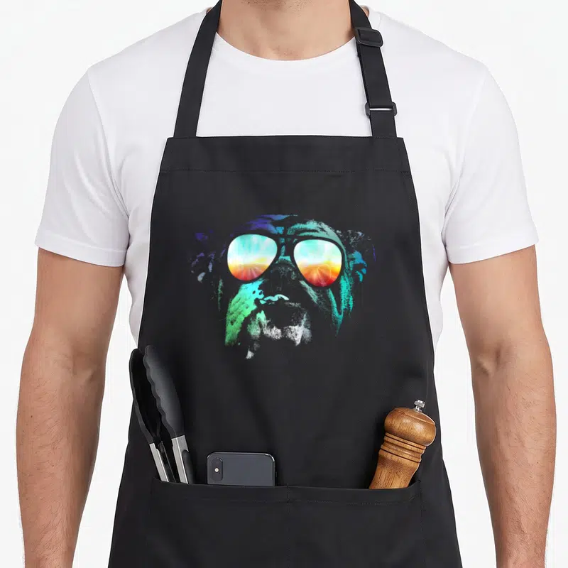 Disco english chef aprons - Cartoon dog head with sunglasses reflecting a sunset in blue, green, red, and yellow — shown on a black cotton canvas apron against a white background