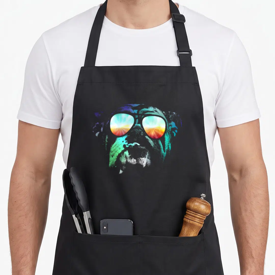 Disco english chef aprons - Cartoon dog head with sunglasses reflecting a sunset in blue, green, red, and yellow — shown on a black cotton canvas apron against a white background