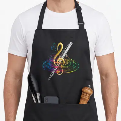 Classical flute apron - Realistic silver flute crossed with gold treble clef amidst colorful musical swirls — shown on a black cotton canvas apron against a white background