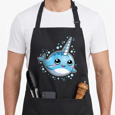 Sea unicorn apron - Cartoon blue narwhal with spiral tusk and light blue bubbles — shown on a black cotton canvas apron against a white background