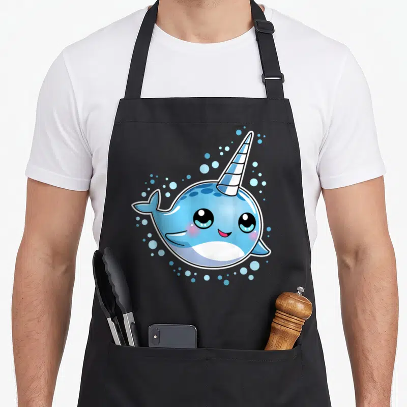Sea unicorn apron - Cartoon blue narwhal with spiral tusk and light blue bubbles — shown on a black cotton canvas apron against a white background