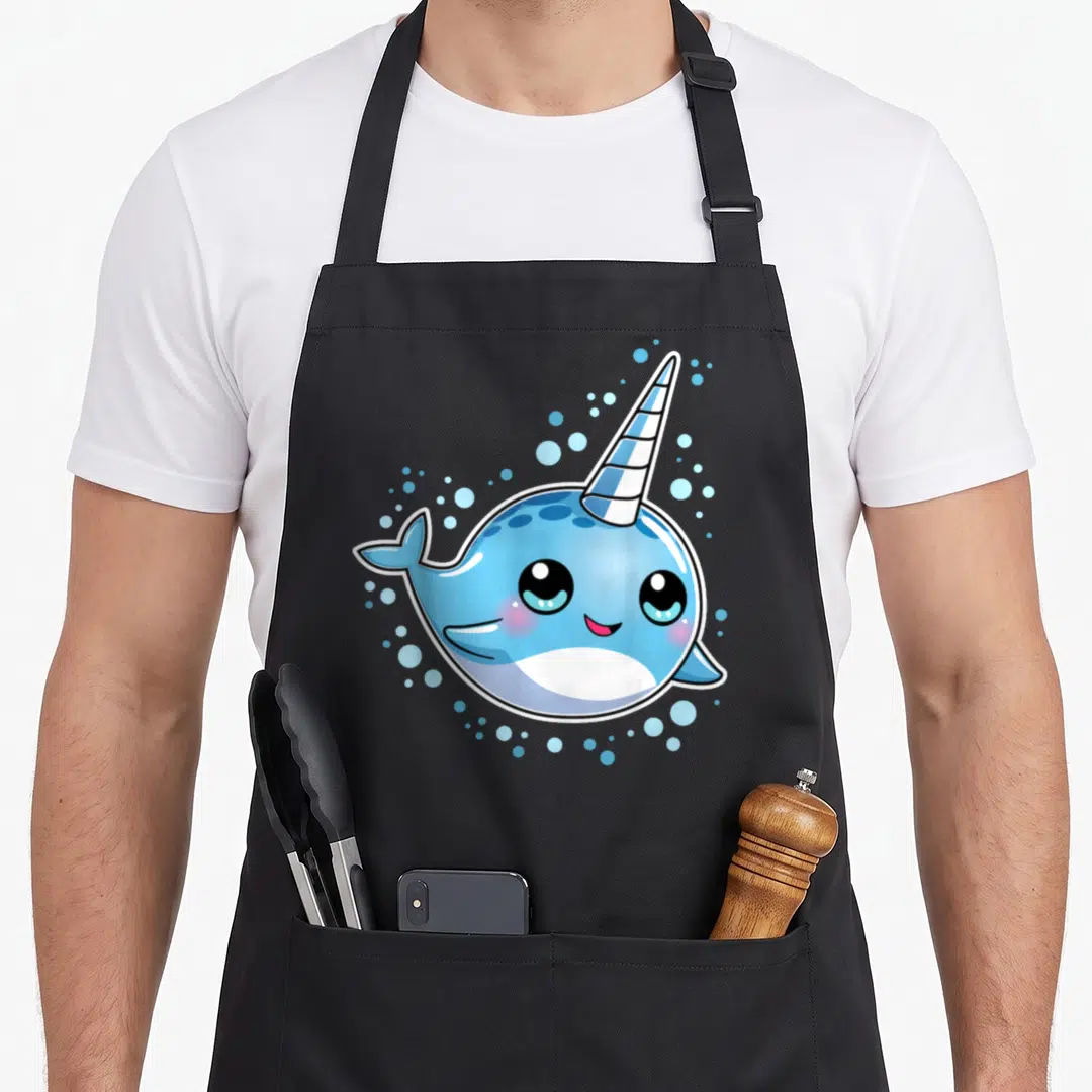 Sea unicorn apron - Cartoon blue narwhal with spiral tusk and light blue bubbles — shown on a black cotton canvas apron against a white background