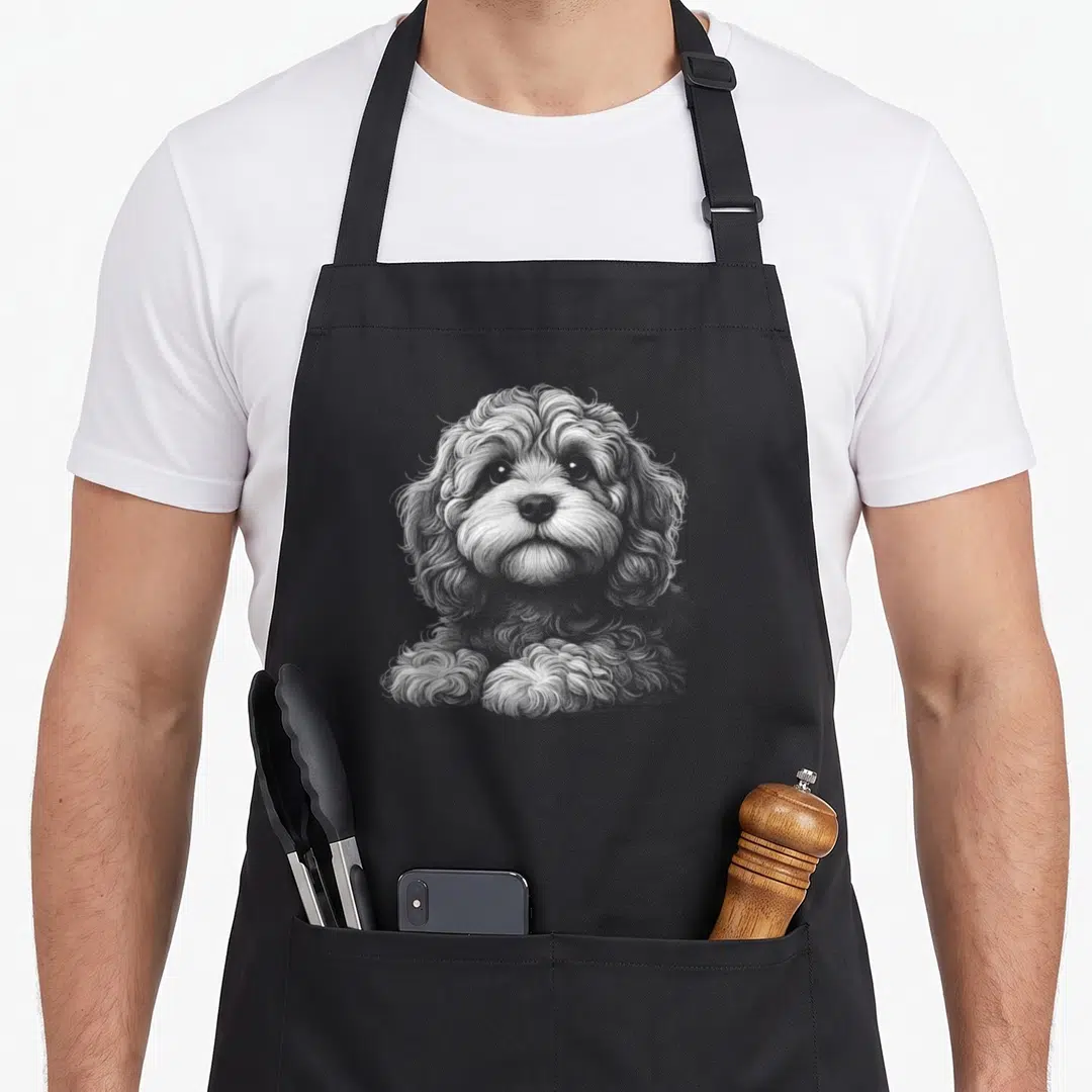Cavapoo dog face apron - White line art sketch of a curly-haired dog head and paws on dark background — shown on a black cotton canvas apron against a white background