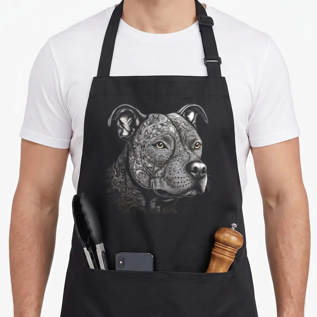 Bull artistic apron - Mandala patterned pit bull head illustration in grey white and gold line art — shown on a black cotton canvas apron against a white background