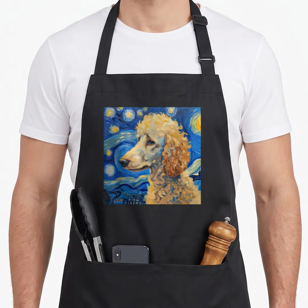 Poodle dog van gogh apron - Cream poodle profile against swirling blue night sky with yellow stars and village — shown on a black cotton canvas apron against a white background