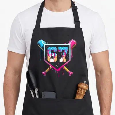 Drip ice cream apron - Number 67 in home plate shield with crossed bats and dripping paint — shown on a black cotton canvas apron against a white background