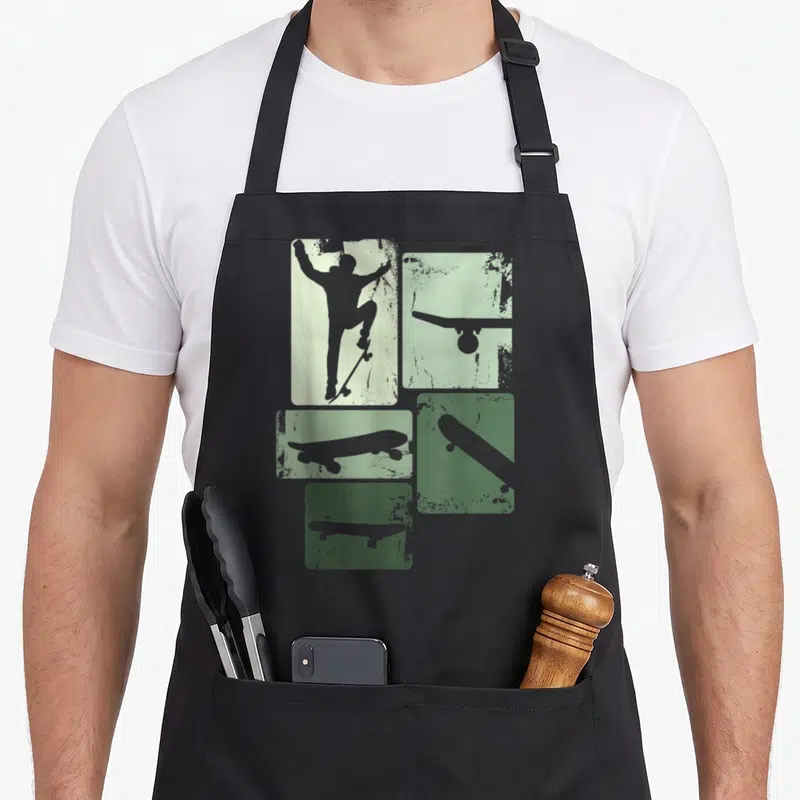 Skater skateboarder apron - Five green panels with grey silhouettes of a skateboarder and boards — shown on a black cotton canvas apron against a white background