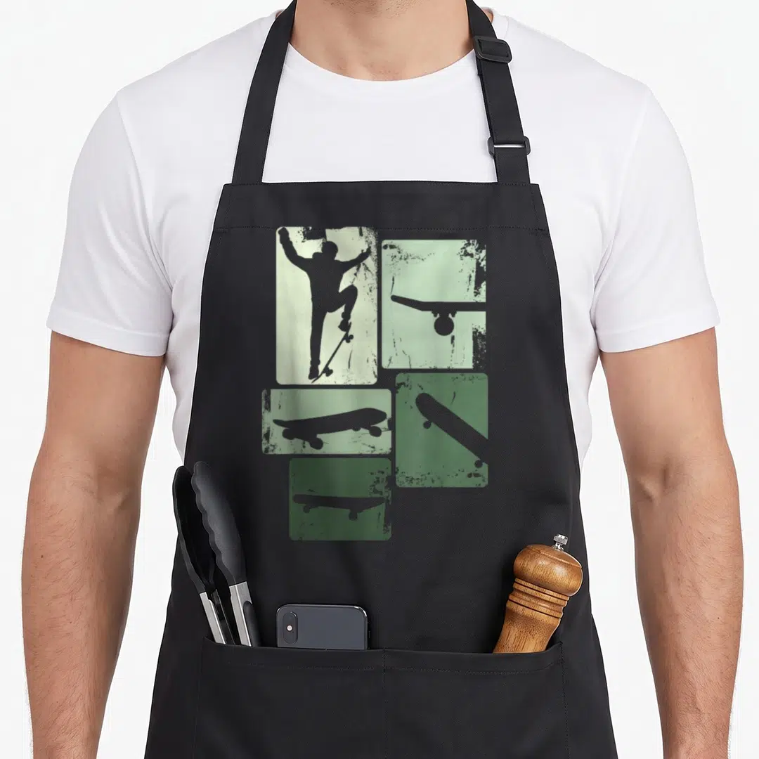 Skater skateboarder apron - Five green panels with grey silhouettes of a skateboarder and boards — shown on a black cotton canvas apron against a white background