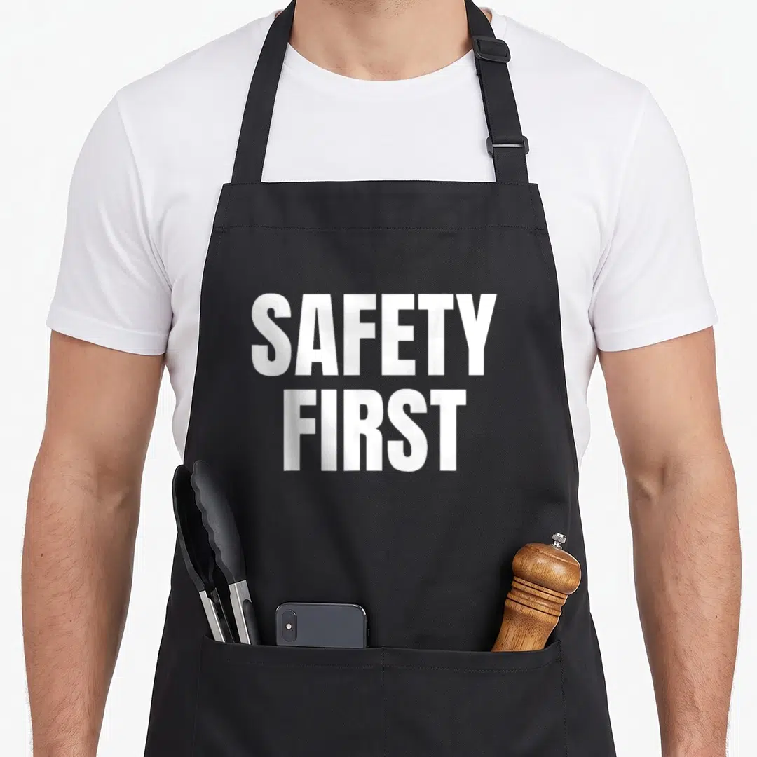Funny safety apron - White stacked text reading SAFETY FIRST on grey background — shown on a black cotton canvas apron against a white background