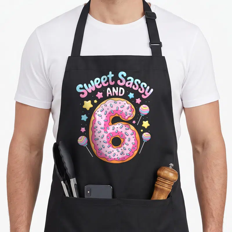 Sweet donut sassy apron - Pink donut number 6 with Sweet Sassy text and candy stars — shown on a black cotton canvas apron against a white background