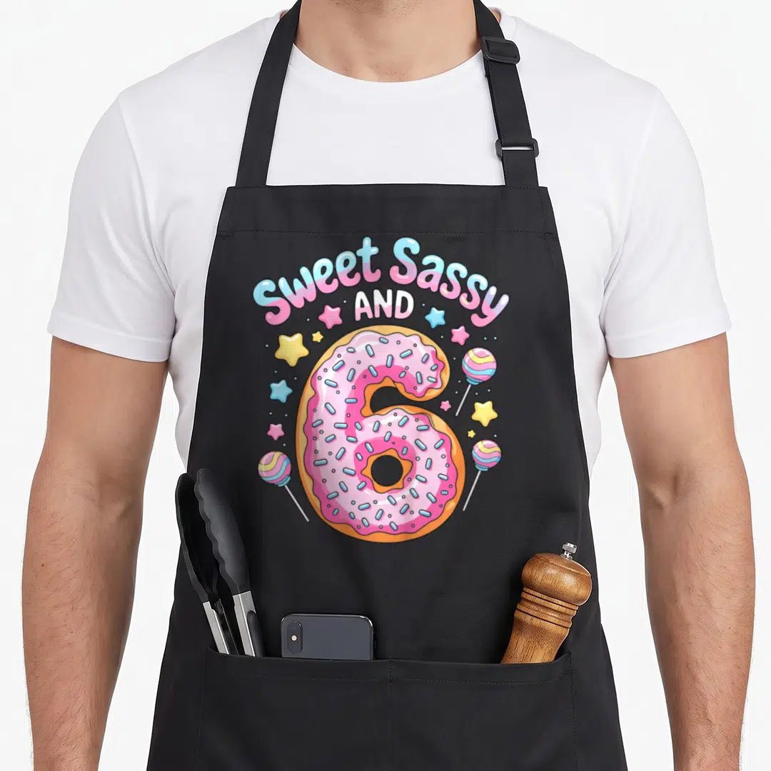 Sweet donut sassy apron - Pink donut number 6 with Sweet Sassy text and candy stars — shown on a black cotton canvas apron against a white background