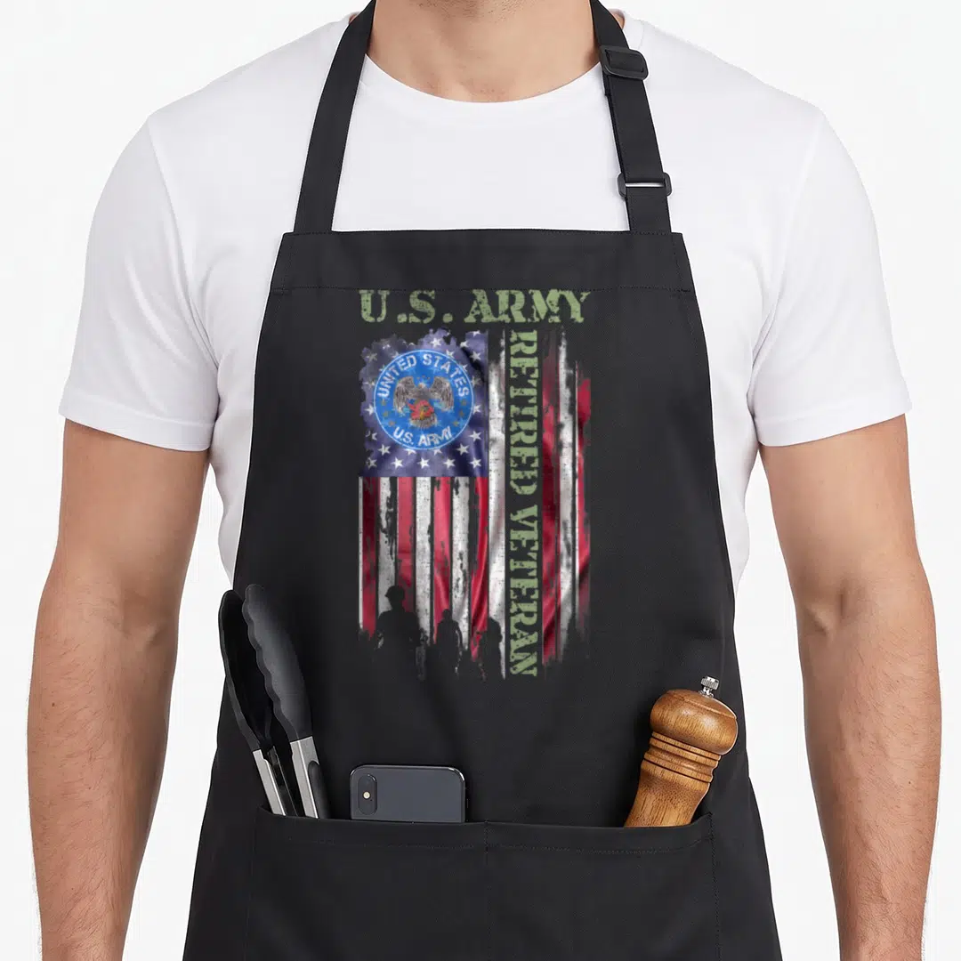 Proud retired american flag apron - Distressed US flag with U.S. ARMY text, circular Army seal, and vertical RETIRED — shown on a black cotton canvas apron against a white background