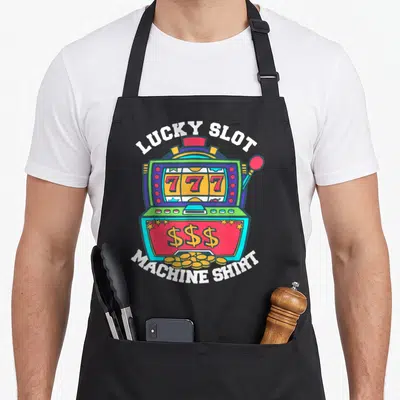 Lucky machine apron - Colorful slot machine with 777 reels, dollar signs, and MACHINE SHIRT text — shown on a black cotton canvas apron against a white background
