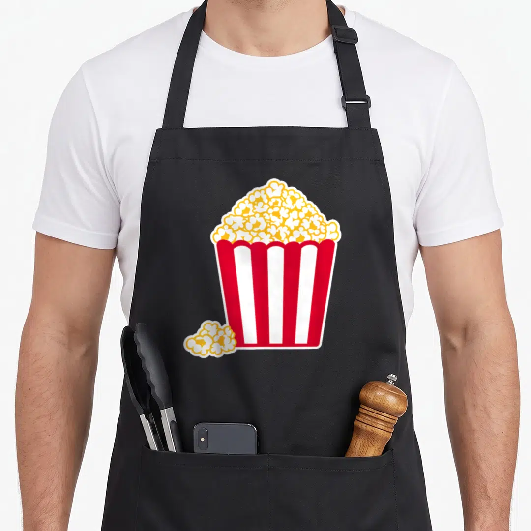 Retro popcorn apron - Cartoon red and white striped bucket filled with yellow and white popcorn with loose cluster — shown on a black cotton canvas apron against a white background