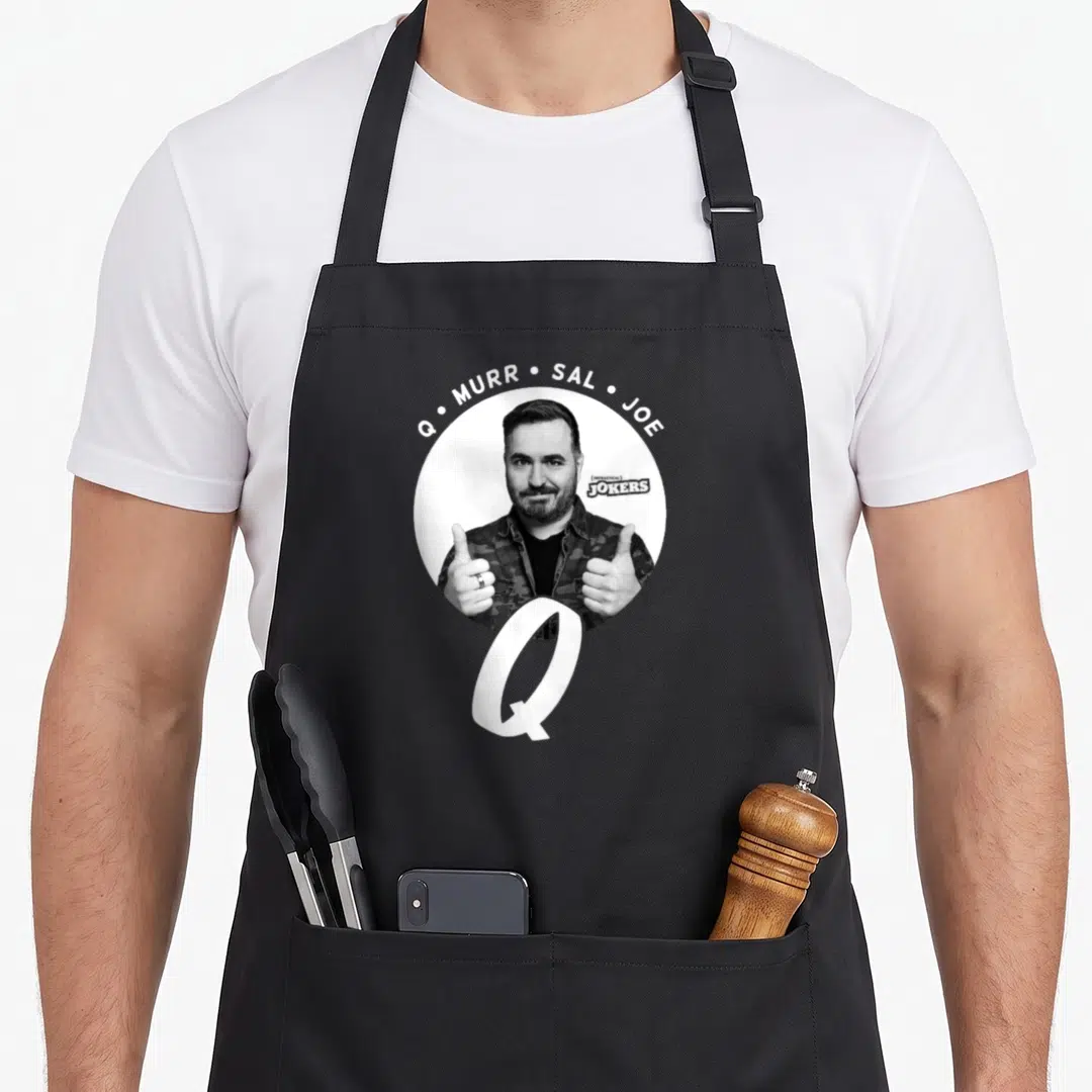 Impractical vinegar apron - Photo of Q giving thumbs up with Q Murr Sal Joe text and logo — shown on a black cotton canvas apron against a white background