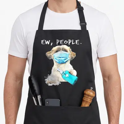 Shih dog face apron - Masked dog holding blue sanitizer bottle with text EW PEOPLE — shown on a black cotton canvas apron against a white background