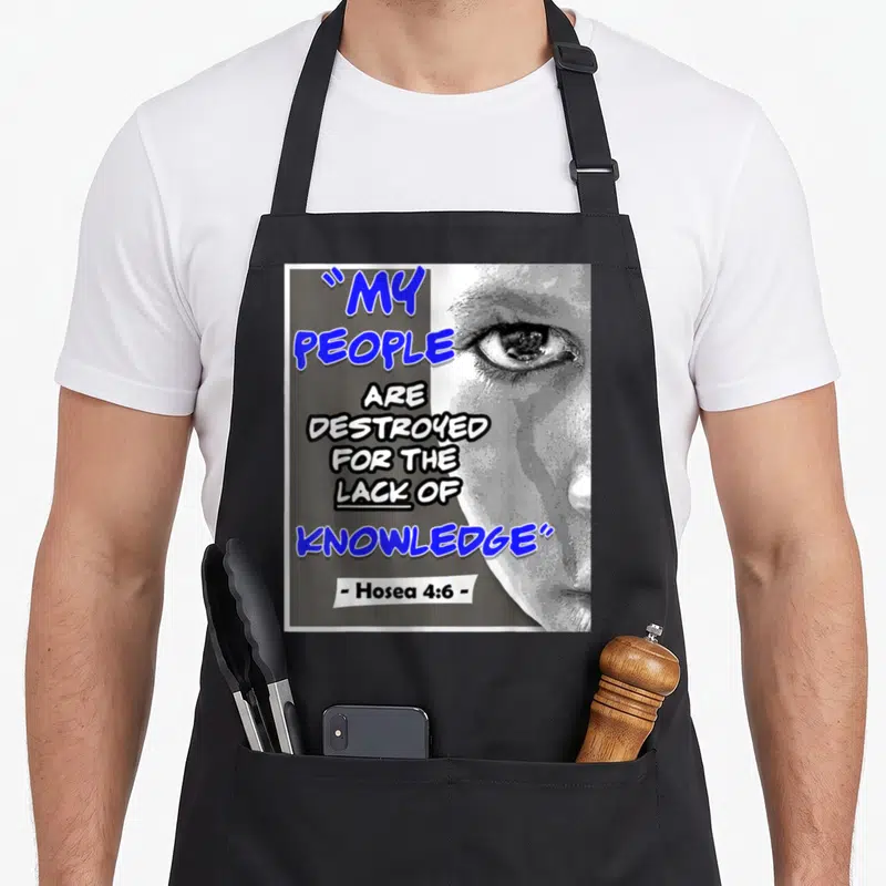 Hosea hebrew aprons - Stacked blue and white text overlapping realistic man's face in grey and blue tones — shown on a black cotton canvas apron against a white background