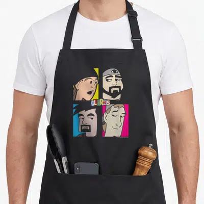 Jay cartoon character aprons - CLERKS text surrounded by four cartoon faces on yellow, blue, pink, grey, and tan — shown on a black cotton canvas apron against a white background