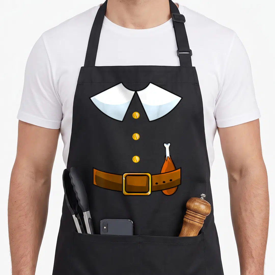 Collar pilgrim apron - Cartoon grey outfit with white collar, three yellow buttons, brown belt, and tucked turkey leg — shown on a black cotton canvas apron against a white background