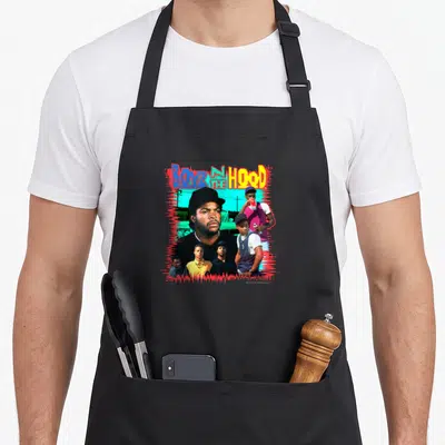 Hood novelty apron - Boyz N The Hood text above photo collage of five men with red jagged border — shown on a black cotton canvas apron against a white background