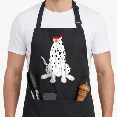 Costume dalmatian apron - Headless dalmatian sitting facing forward with red collar and gold bone tag — shown on a black cotton canvas apron against a white background