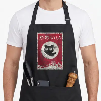 Cat kawaii cooking apron - Red retro poster with white Japanese text, black cat in white circle, and landscape — shown on a black cotton canvas apron against a white background