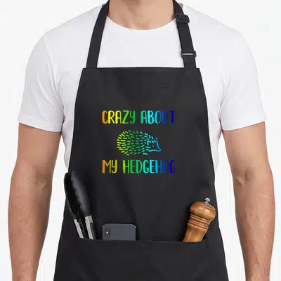 Hedgehog rainbow apron - Crazy About My Hedgehog text with colorful cartoon hedgehog illustration — shown on a black cotton canvas apron against a white background
