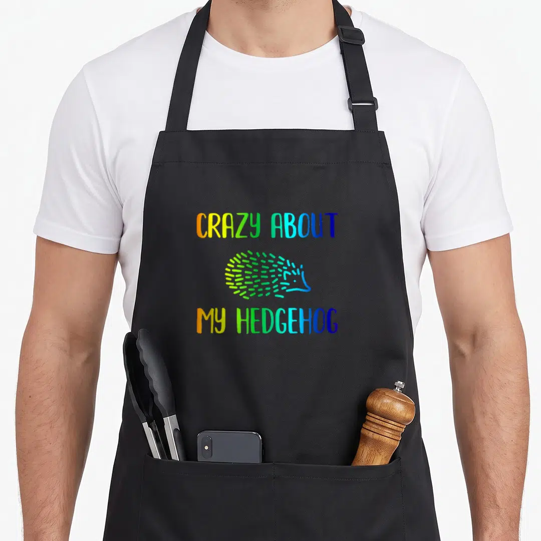 Hedgehog rainbow apron - Crazy About My Hedgehog text with colorful cartoon hedgehog illustration — shown on a black cotton canvas apron against a white background