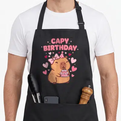 Capybara bow apron - Cartoon brown capybara holding pink cake wearing party hat and bow surrounded by hearts — shown on a black cotton canvas apron against a white background