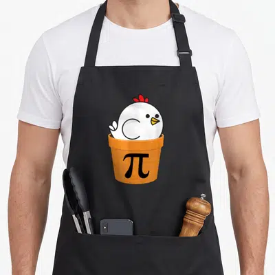 Math chicken apron - White cartoon chicken in orange pot with black pi symbol — shown on a black cotton canvas apron against a white background