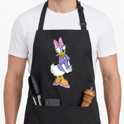 Friend daisy apron - Cartoon Daisy Duck standing with pink bow and purple shirt, no text — shown on a black cotton canvas apron against a white background