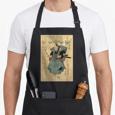 Samurai antique apron - Realistic samurai holding sword surrounded by vertical Japanese calligraphy on beige background — shown on a black cotton canvas apron against a white background